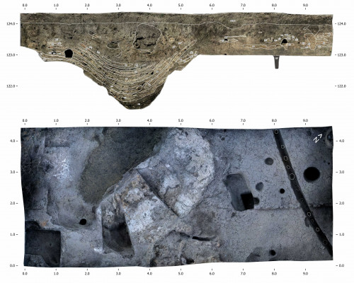 Stratigrafia profilului nord-vestic al suprafetei A-B(sus); Suprafata A-B. Aspect al gurndului Ia finalul campaniei 2021(jos).